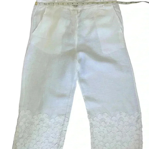 LaFabbricadeilino 100% Linen white floral derail pants size M Italy made Boho - Picture 8 of 12
